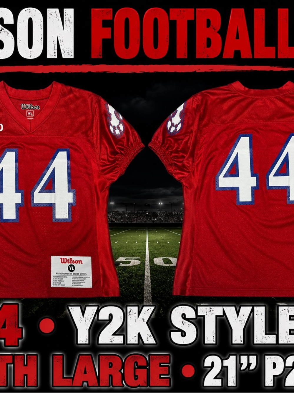 Wilson Red Youth Football Jersey with White & Blue Number 44